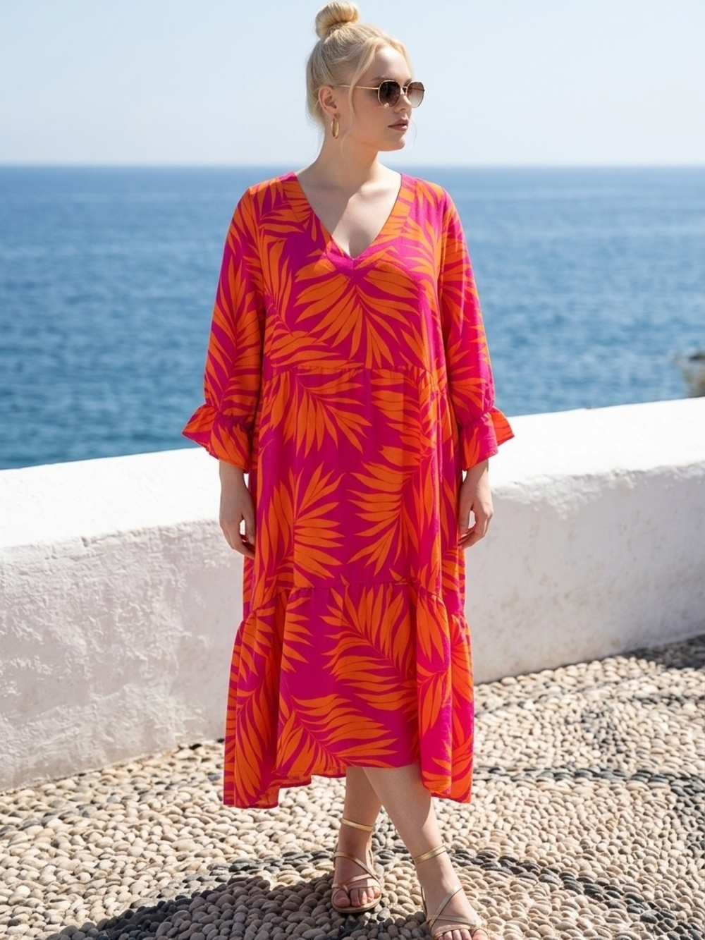 Fairhope Women's V-Neck Midi Dress in Hot Pink & Orange Sz 2xl